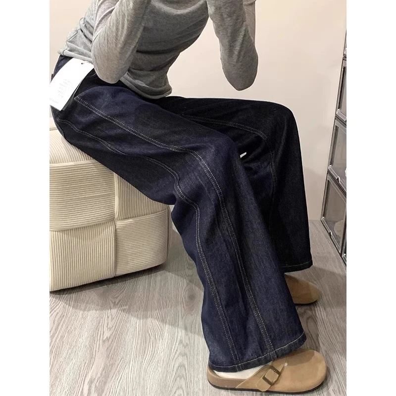 深蓝色丹宁春秋阔腿牛仔裤女高腰2025新款女士爆款小个子直筒裤子