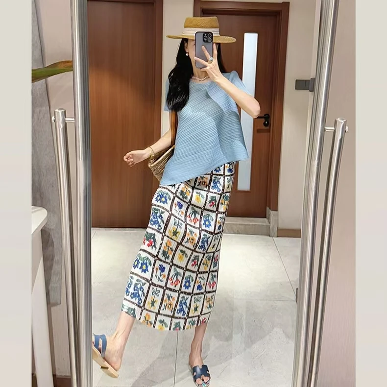 2025夏季度假风不规则斜T短袖上衣高腰显瘦褶皱印花半身裙套装女