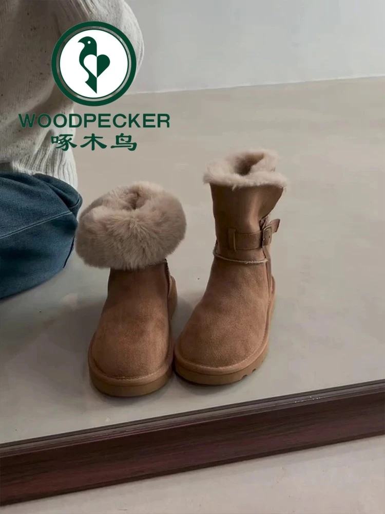 啄木鸟时髦百搭厚底雪地靴女复古绒面皮带扣两穿厚绒保暖棉靴子