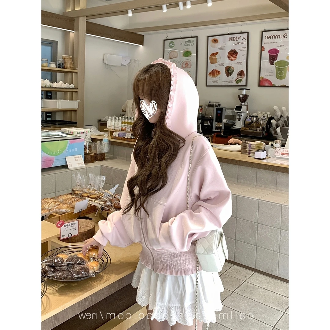 粉色拉链开衫外套女早秋2025新款收腰木耳边短款收腰宽松休闲上衣