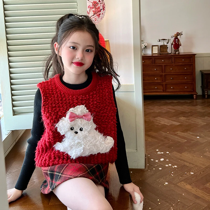 栀了成长记童装女童红色洋气背心外穿冬打底衫半身裙针织马甲