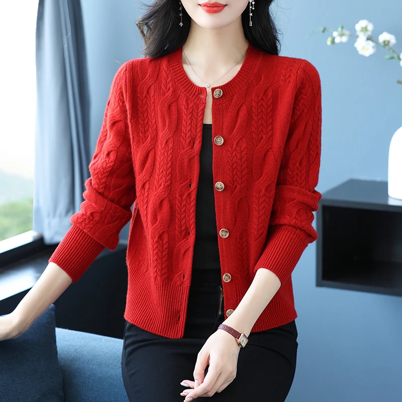 专柜同款秋冬羊毛开衫女新款外搭针织麻花高级感软糯百搭短外套