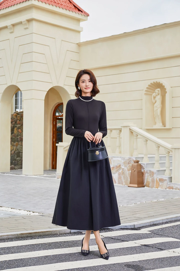 【李姐专属】法式气质女装高级感黑色长裙赫本风高领连衣裙长款3315