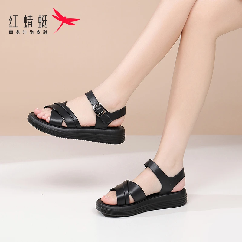 REDDRAGONFLY/红蜻蜓女士时装厚底平底凉鞋新款夏季真皮软底牛皮