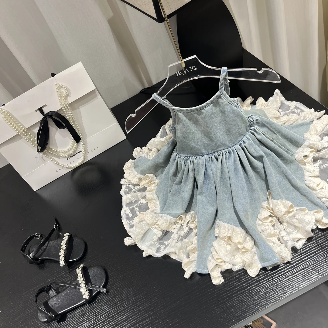 【糯】夏季新款女童复古牛仔蕾丝拼接连衣裙