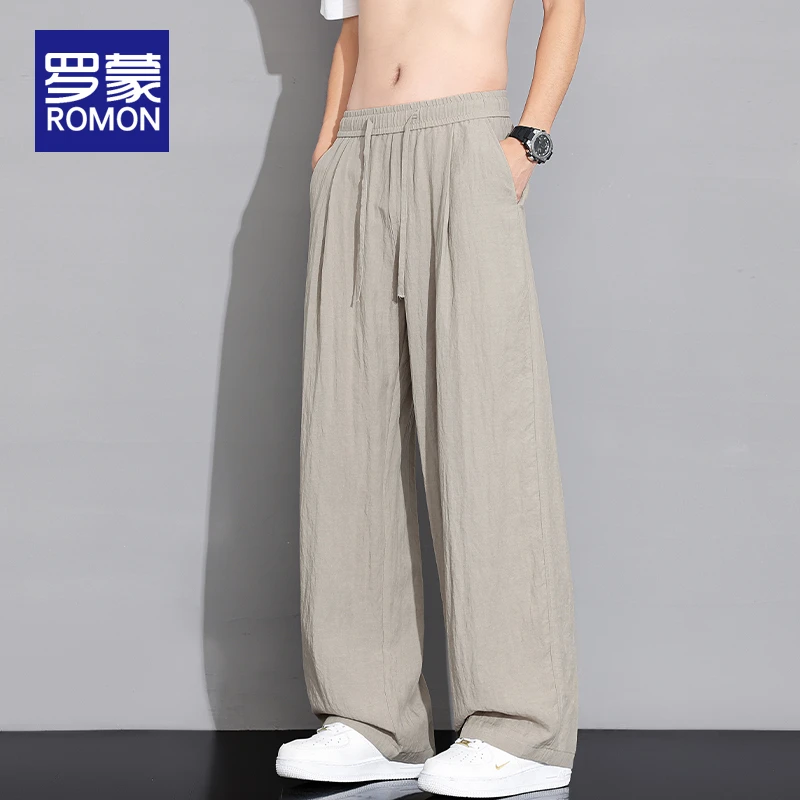 罗蒙男士夏季薄款宽松亚麻休闲裤男款2025新款垂感冰丝阔腿裤子男