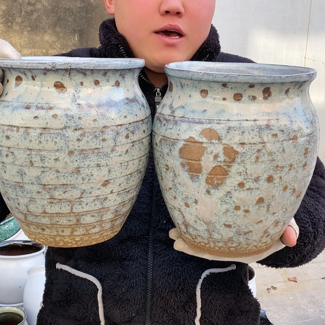 紫砂花盆口17高21暇疵俩个