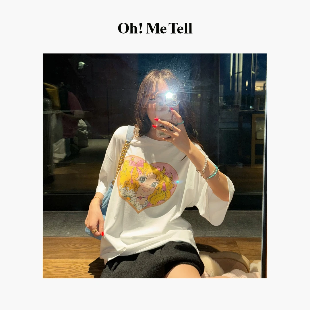 Oh!Me Tell【爱心美少女】卡通漫画印花百搭休闲宽松圆领短袖T恤女
