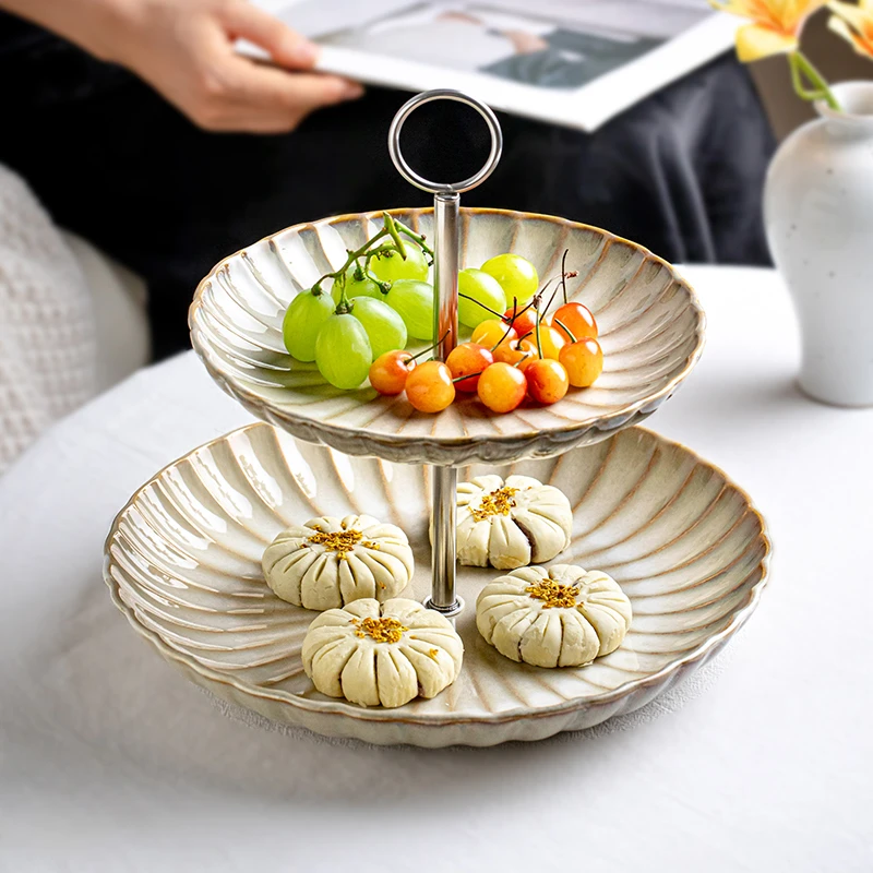 〖双层果盘〗新款浮雕手提陶瓷点心甜品盘前台高档零食摆放盘