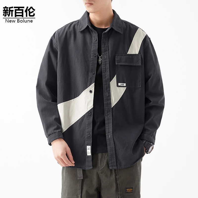新百伦/NEW BOLUNE日系衬衫男2025秋季新款拼接设计痞帅衬衣外套