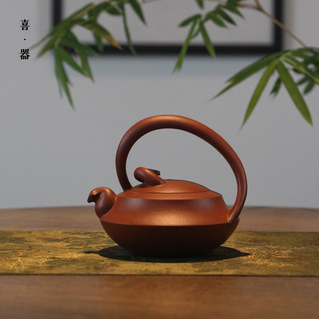 喜器林嬿-红泥金蛇进宝壶约120cc纯手工潮州泥壶手拉壶提梁泡茶壶