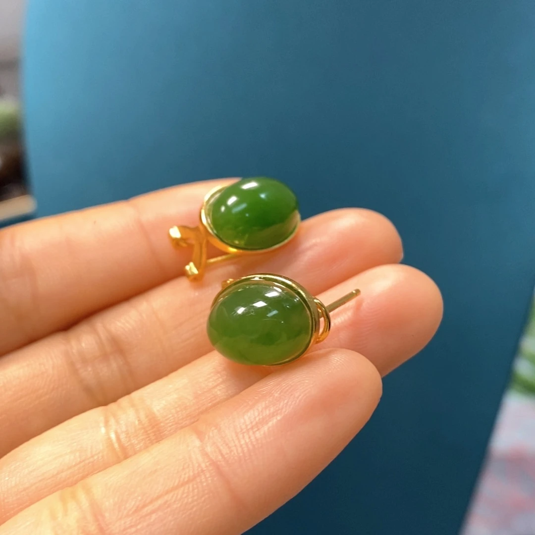 和田玉耳饰银S925镶嵌心**冰