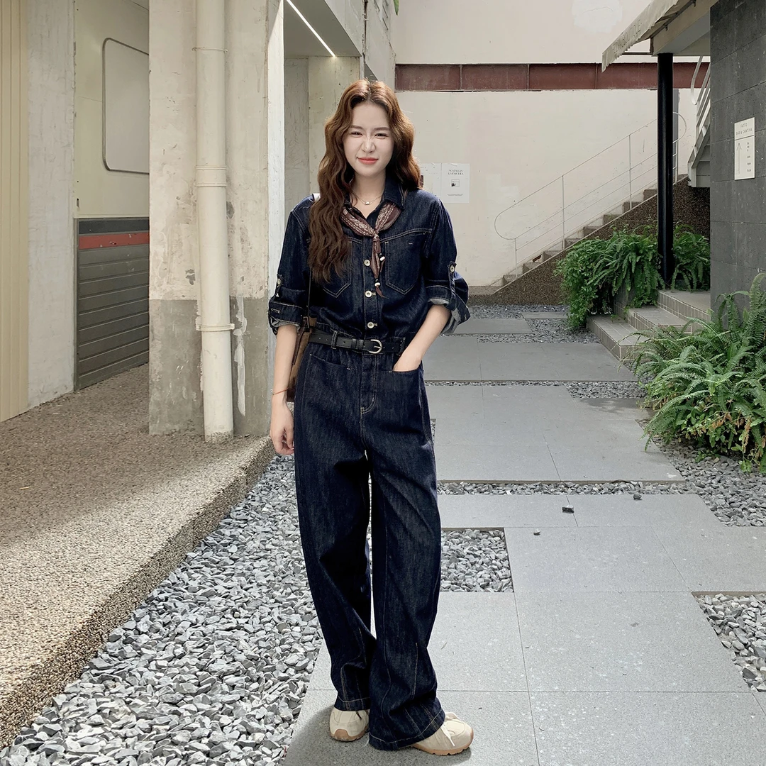 又A又飒深蓝色复古牛仔连体裤女2025春秋新款收腰显瘦直筒阔腿裤