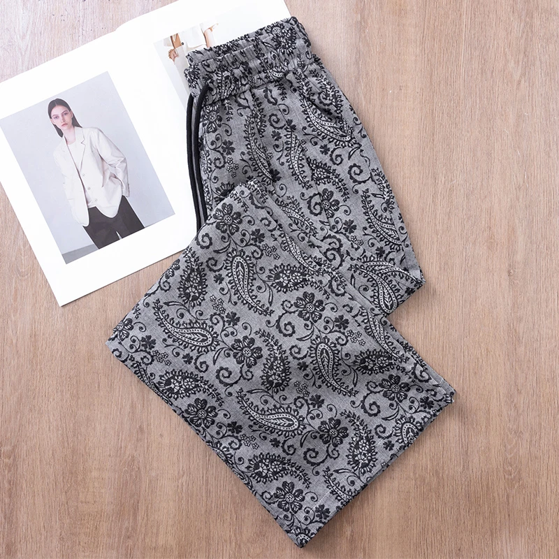 提花棉麻阔腿裤女2025夏季新款高腰宽松垂感薄腰果花休闲直筒裤子