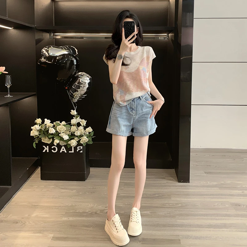 2024夏季新款女装时尚韩版青春减龄牛仔短裤针织衫短袖显瘦套装