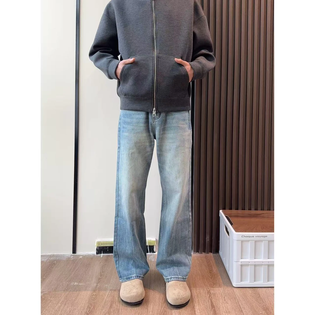 2021M水洗扎花纹路牛仔裤猫须直筒宽松微喇叭百搭长裤裤子