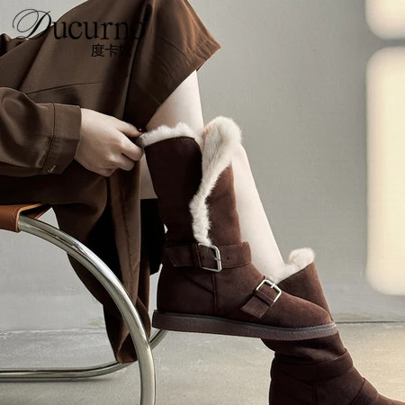 DUCURNO网红保暖毛毛靴女冬季加绒雪地靴户外棉鞋平底西部马丁靴