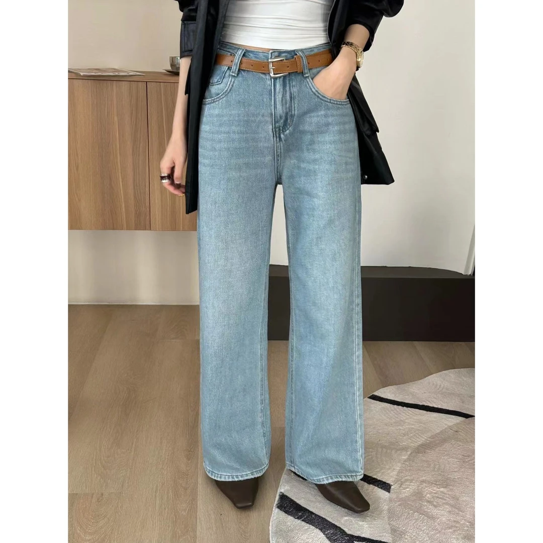 SP【首尔春日】 浅蓝阔腿裤高腰显瘦洋气牛仔直筒裤阔腿牛仔春秋