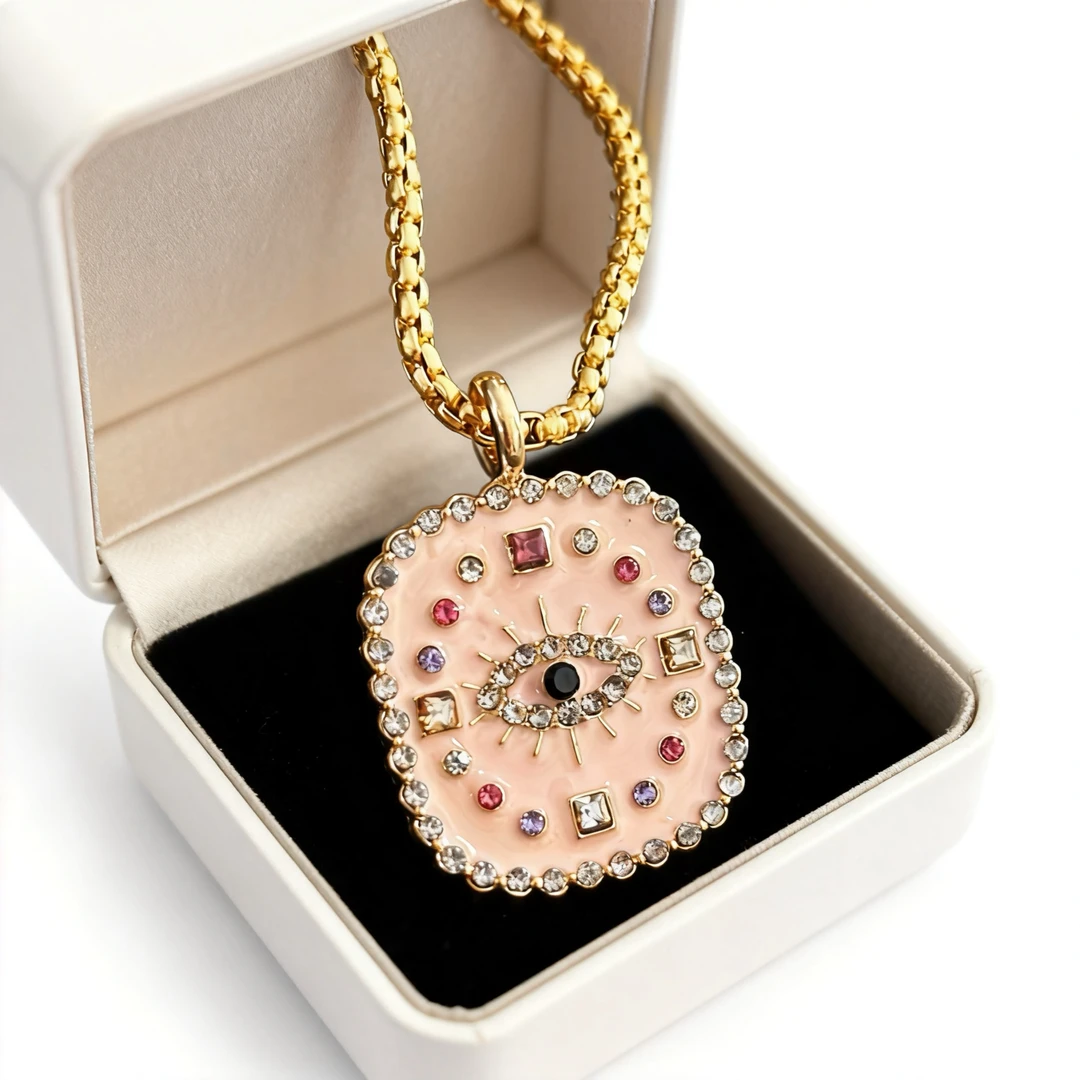 钛钢珐琅项链 高颜值恶魔之眼珐琅粉色滴油锁骨项链