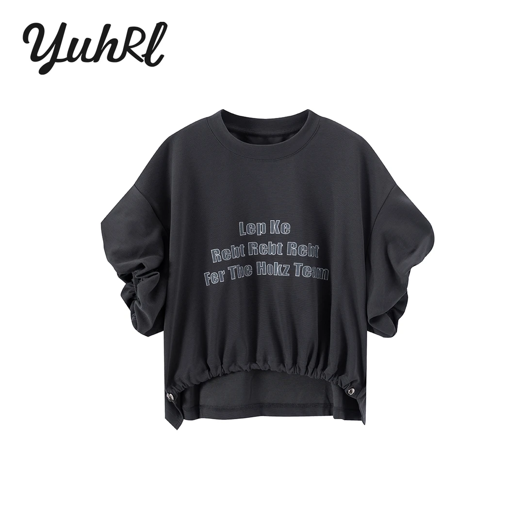 【小云总专享】休闲风时尚抽绳印花套头百搭圆领T恤女#25GJB01