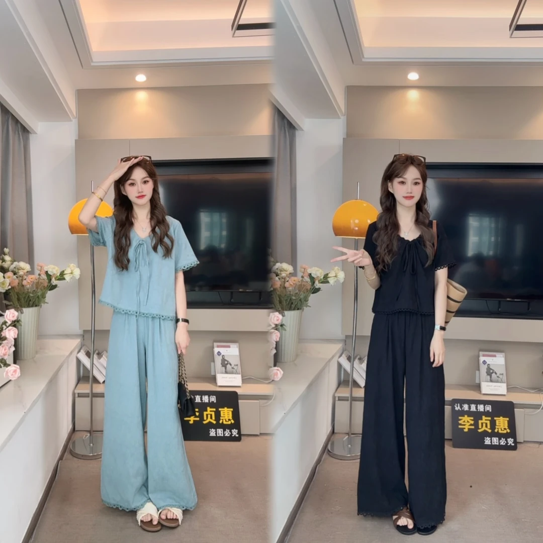 善雅 超舒服#3137设计感小众镂空花边上衣+休闲阔腿裤套装