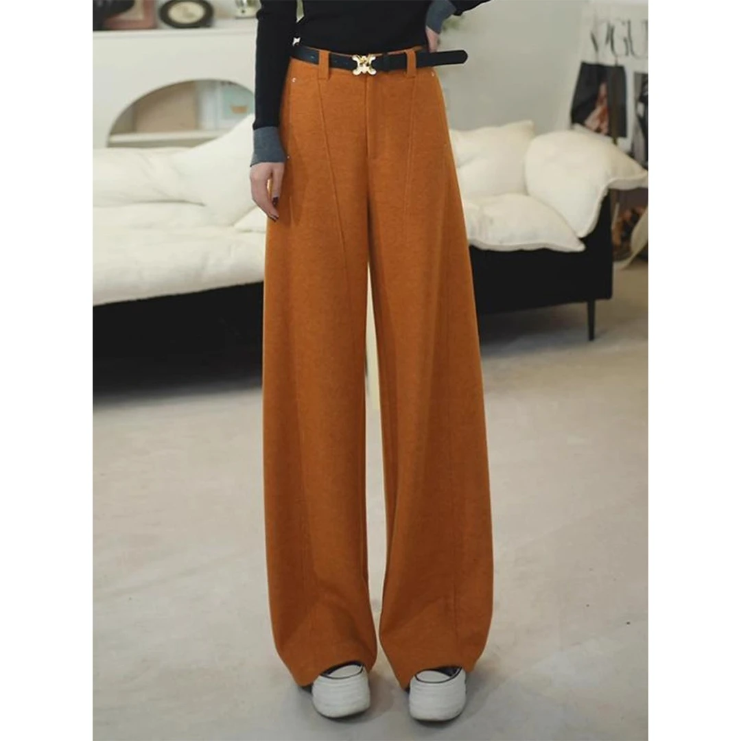 拉夏贝尔高级感时髦洋气阔腿裤女2025秋冬高腰配腰带休闲直筒裤子