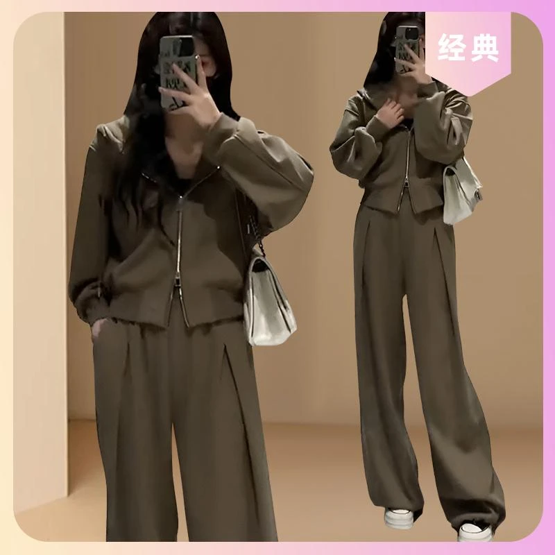 2025春秋绿色连帽休闲运动卫衣外套上衣女新款法式搭配一整套长裤