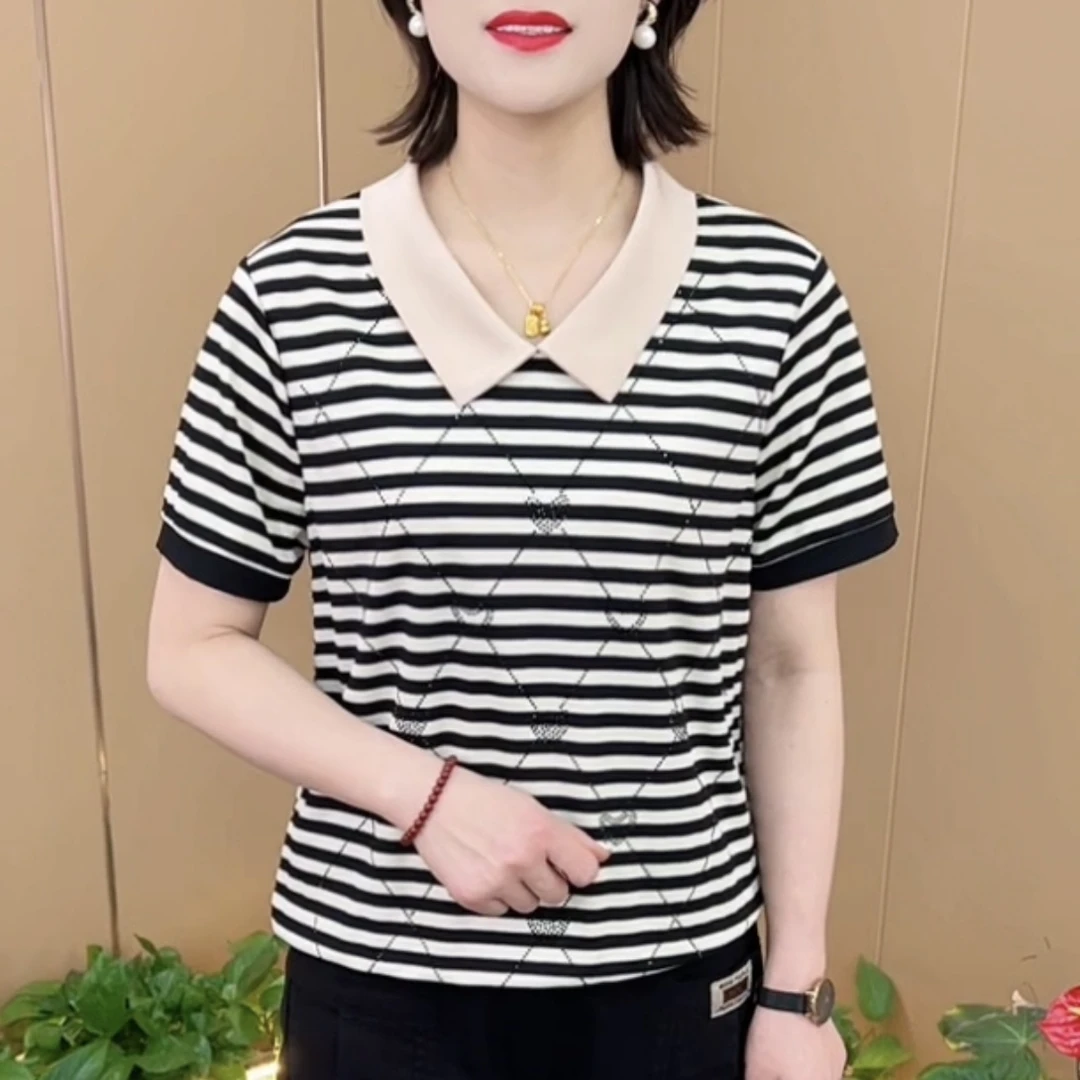2025夏季新款时尚洋气翻领高奢烫钻条纹气质显瘦短袖上衣K9788