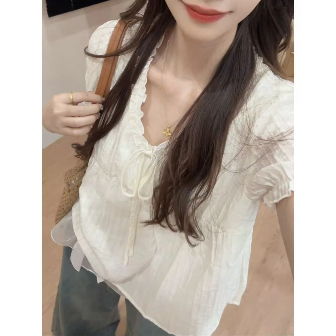 【五分糖】莱赛尔天丝小花边双层下摆小衫女竖条肌理短袖衬衫上衣