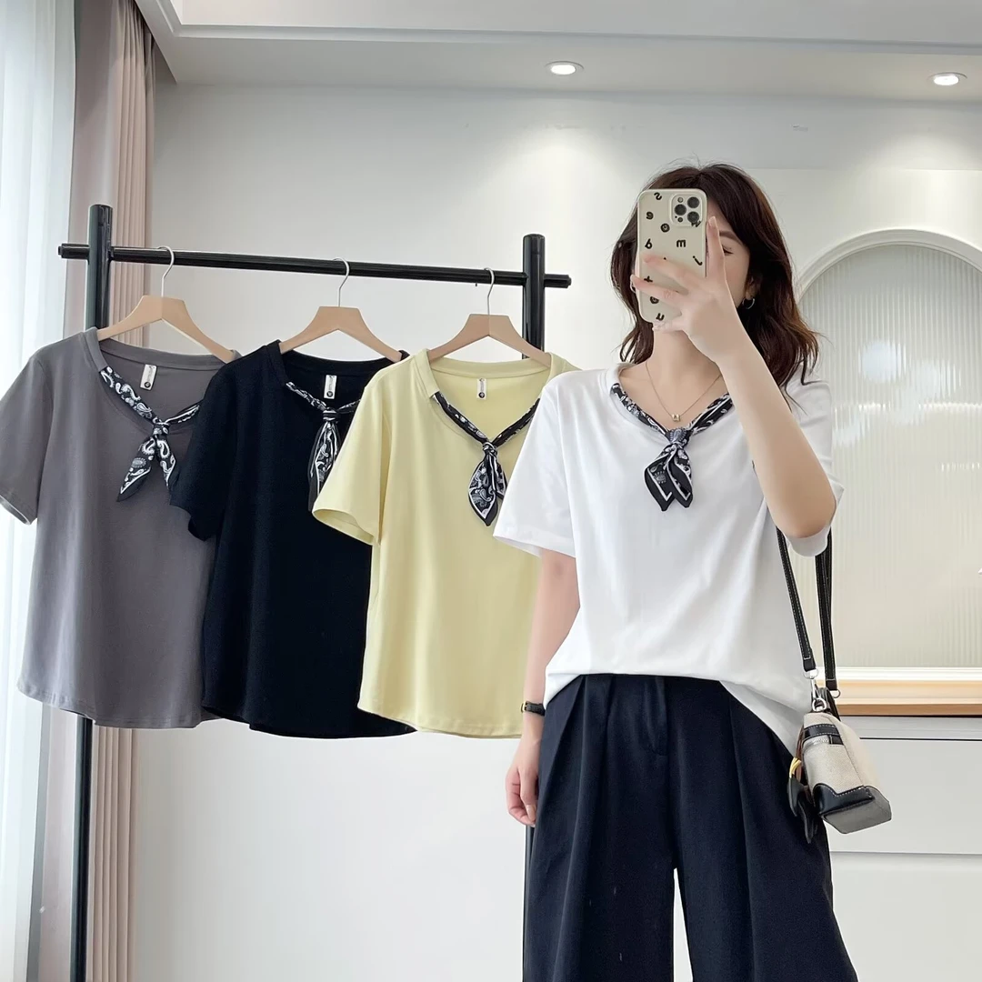 大码胖mm韩系百搭时尚显瘦系带V领短袖T恤女夏季新款上衣气质遮肉