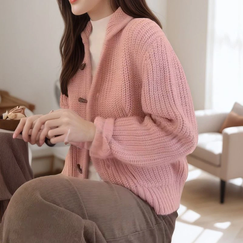 时尚设计感短款百搭牛角扣毛衣洋气减龄长袖针织衫C6606