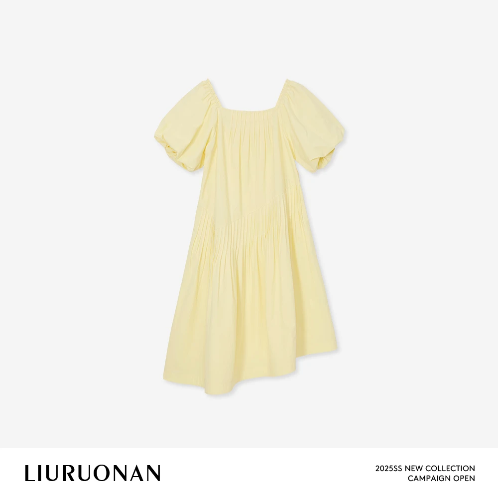 LIURUONAN 25SS【鹅黄连衣裙】不规则设计裙摆方领泡泡袖宽松长裙女