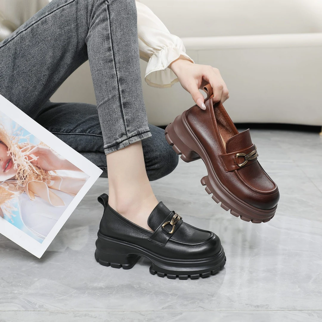 【老龙原创】头层牛皮增高一脚蹬乐福鞋春季粗跟厚底百搭英伦风单鞋