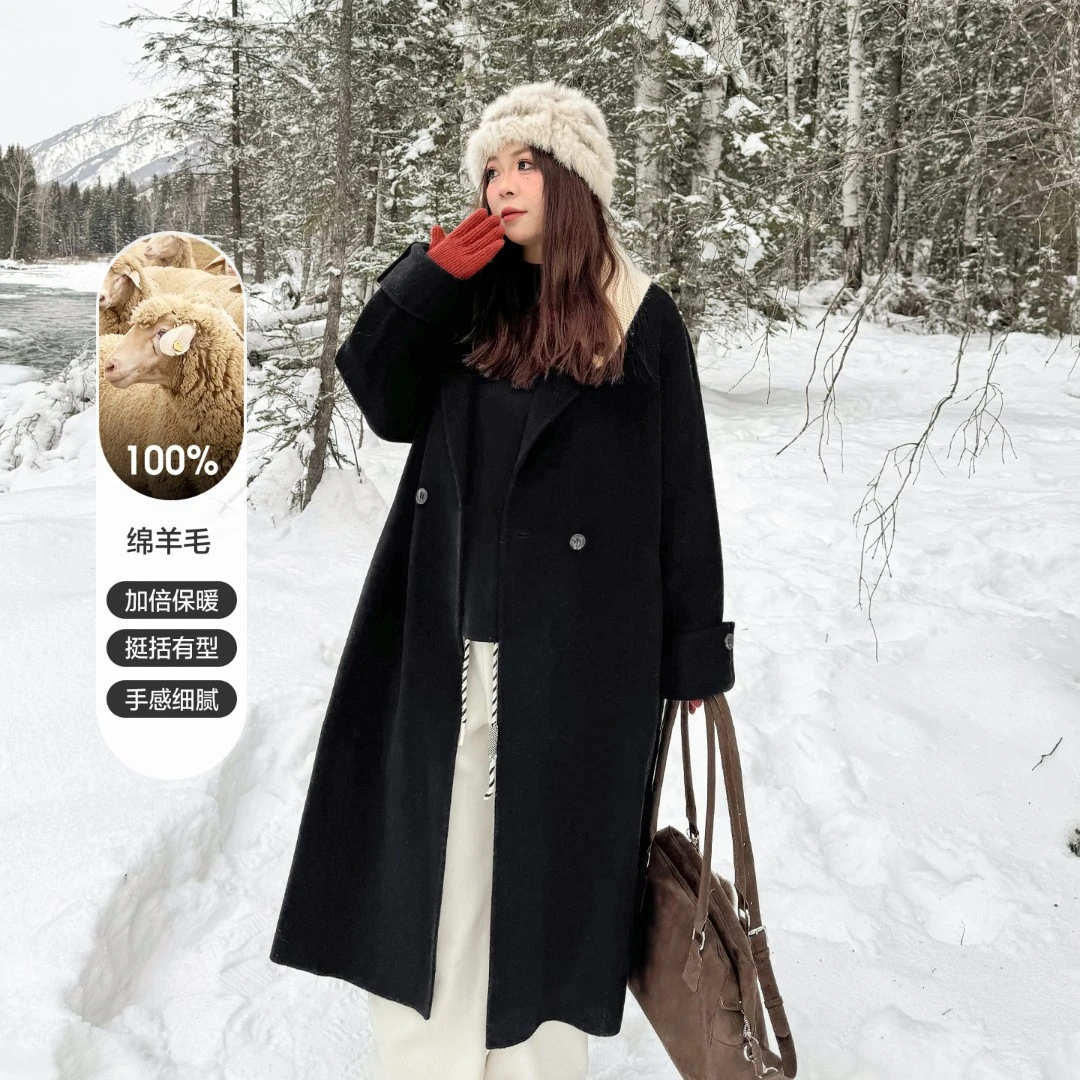 CD6571大码女装【雪原雾凇下】100%绵羊毛大衣冬季毛领长款毛呢外套