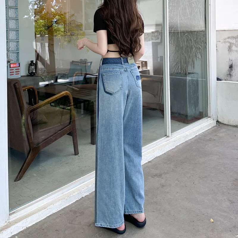 复古阔腿牛仔裤女2025秋季新款高腰撞色拼接直筒小个子百搭九分裤