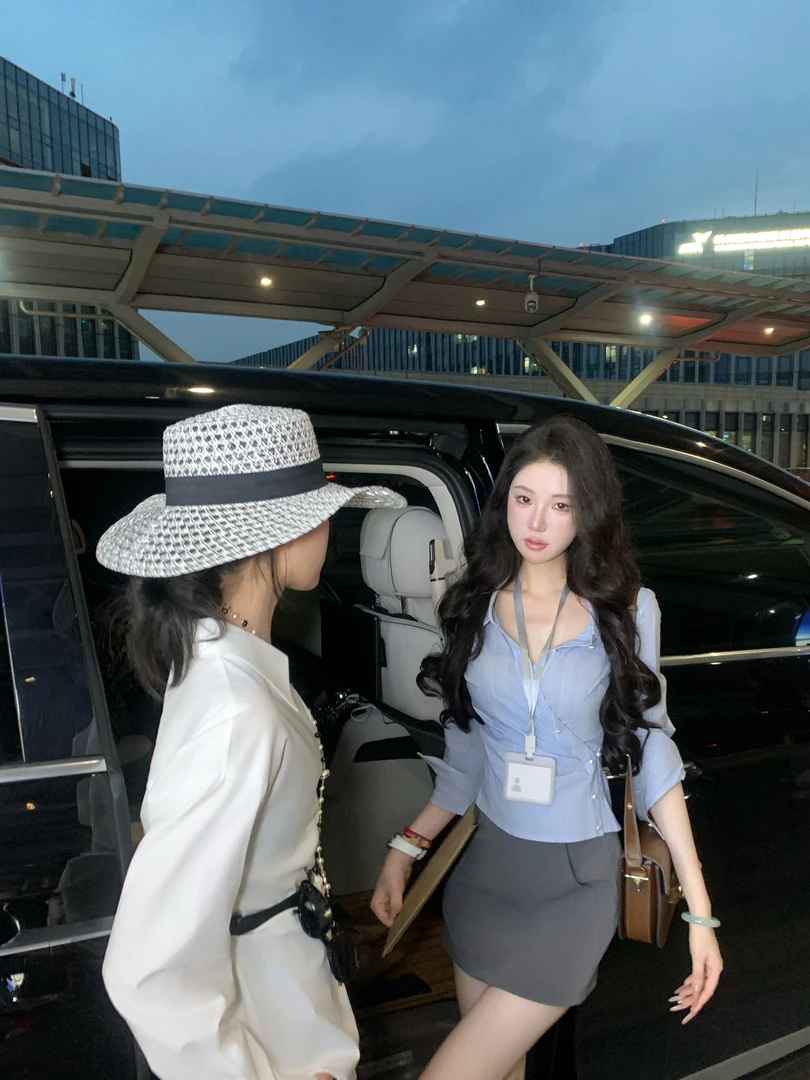 【雅乔定制】明洞丽人 不规则斜襟蓝色条纹长袖衬衫DYLL-25076386