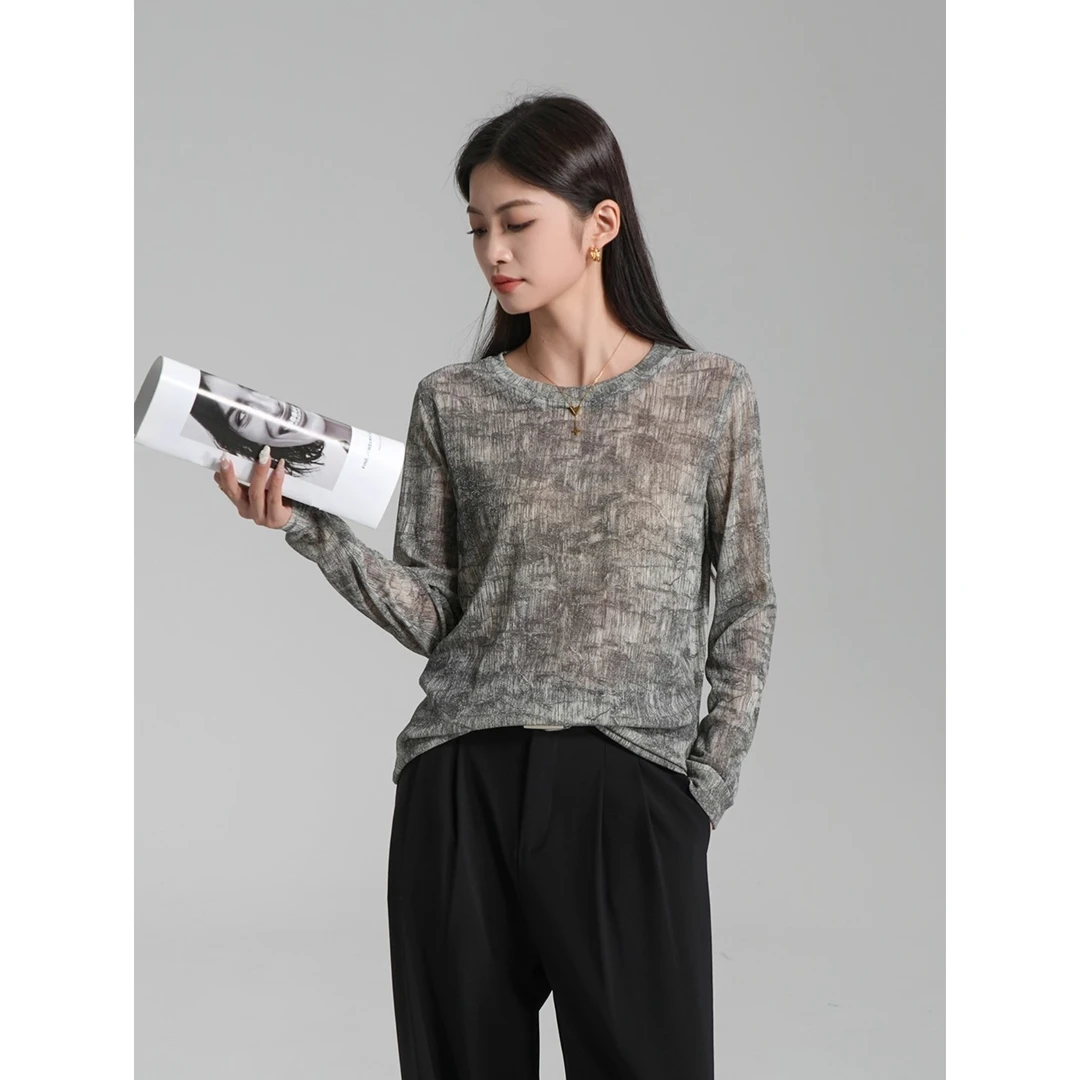 灰色防晒长袖t恤女2025新款夏季薄款内搭打底衫宽松休闲圆领上衣