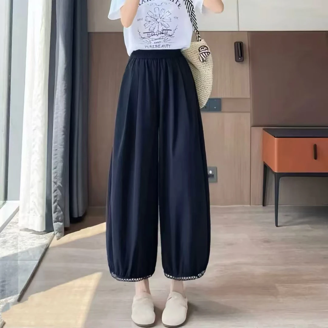 夏季高腰百搭休闲镂空纯色九分灯笼裤宽松时尚花边版型#6138