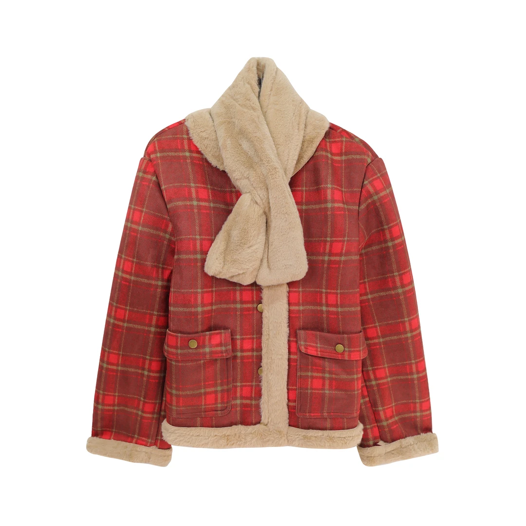 秋冬复古格子气质加绒短款保暖外套带围脖S5508