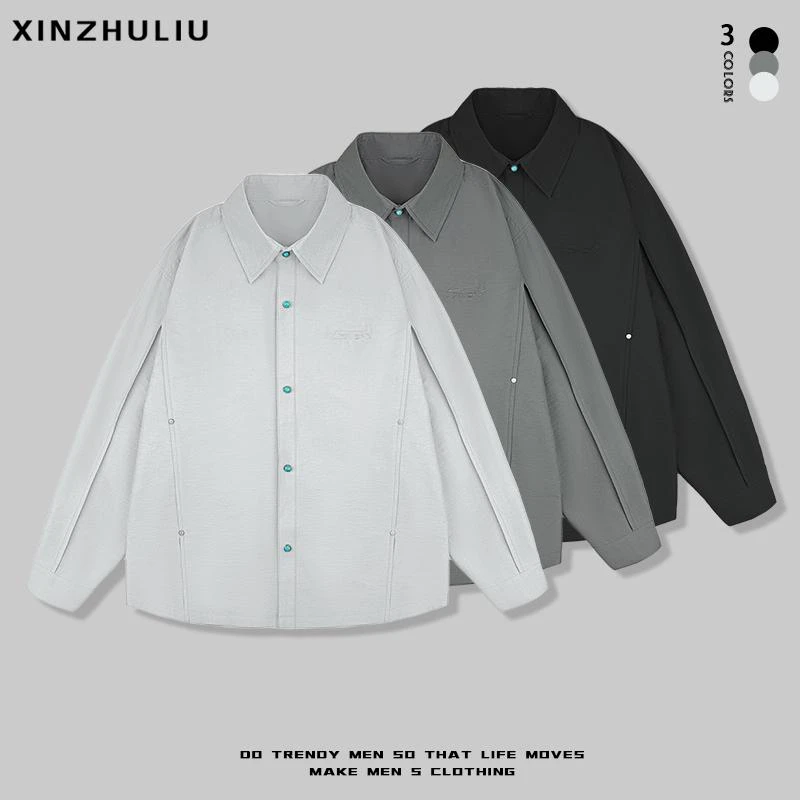 【轻薄刺绣结构纯色翻领衬衫夹克外套】春夏季男士百搭时尚简约外套