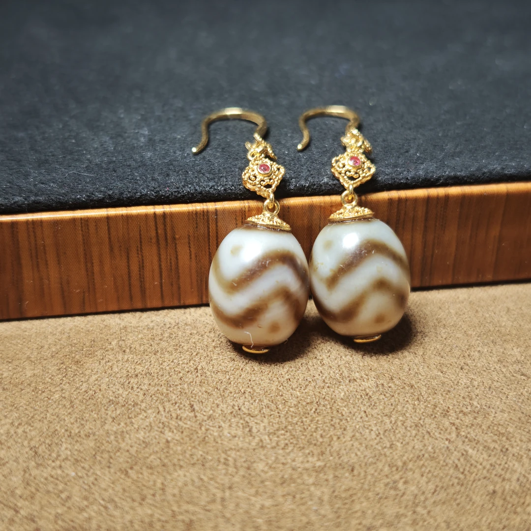 【画子甄选】山形双水纹达洛玛瑙珠珠18k金耳环