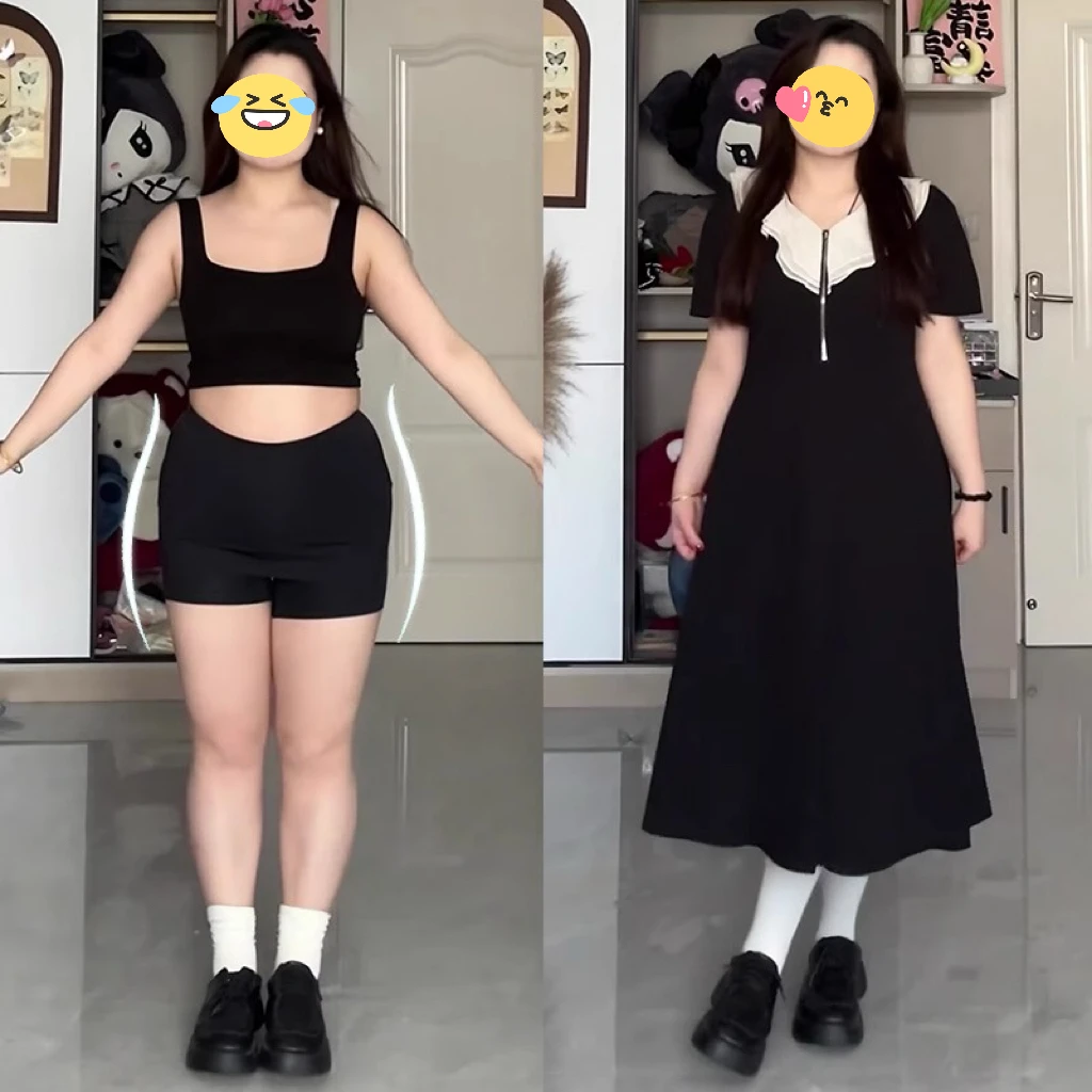 黑色a字连衣裙女收腰2025新款夏季大码胖mm梨型身材显瘦长款裙子