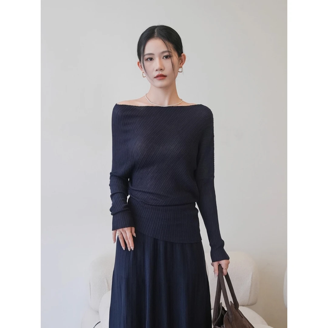 藏蓝色斜肩针织打底衫2025新款女春秋季长袖t恤内搭上衣气质修身