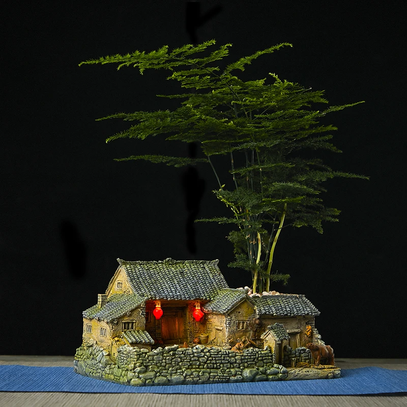 老房子文竹复古风格摆件微缩景观盆栽客厅花盆家居装饰造型摆件