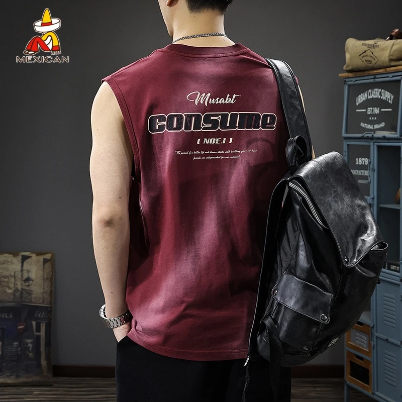 Mexican/稻草人2025新款美式背心男夏季休闲宽松薄款圆领无袖t恤