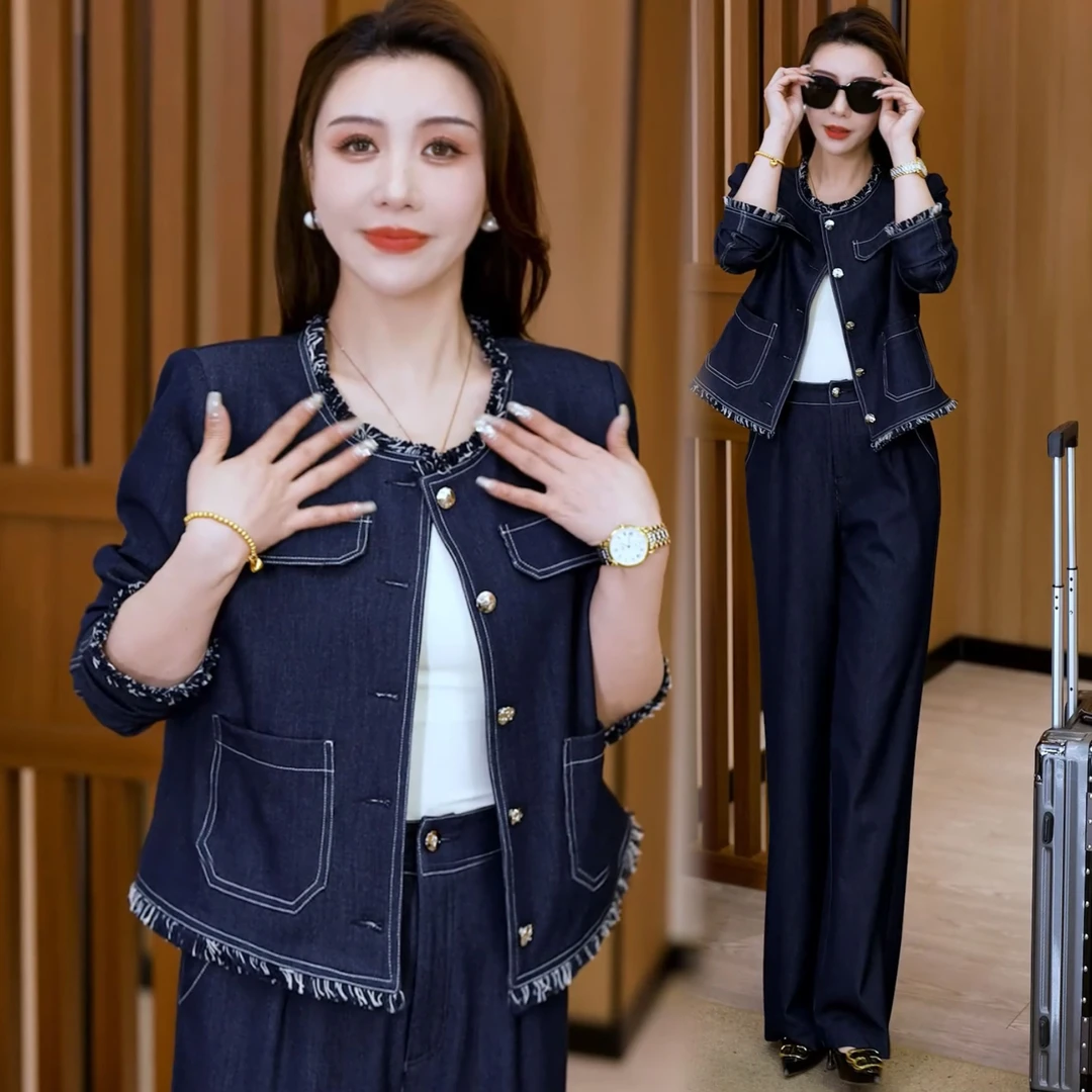 时尚休闲牛仔套装女2025春季新款减龄显瘦牛仔短外套阔腿裤两件套