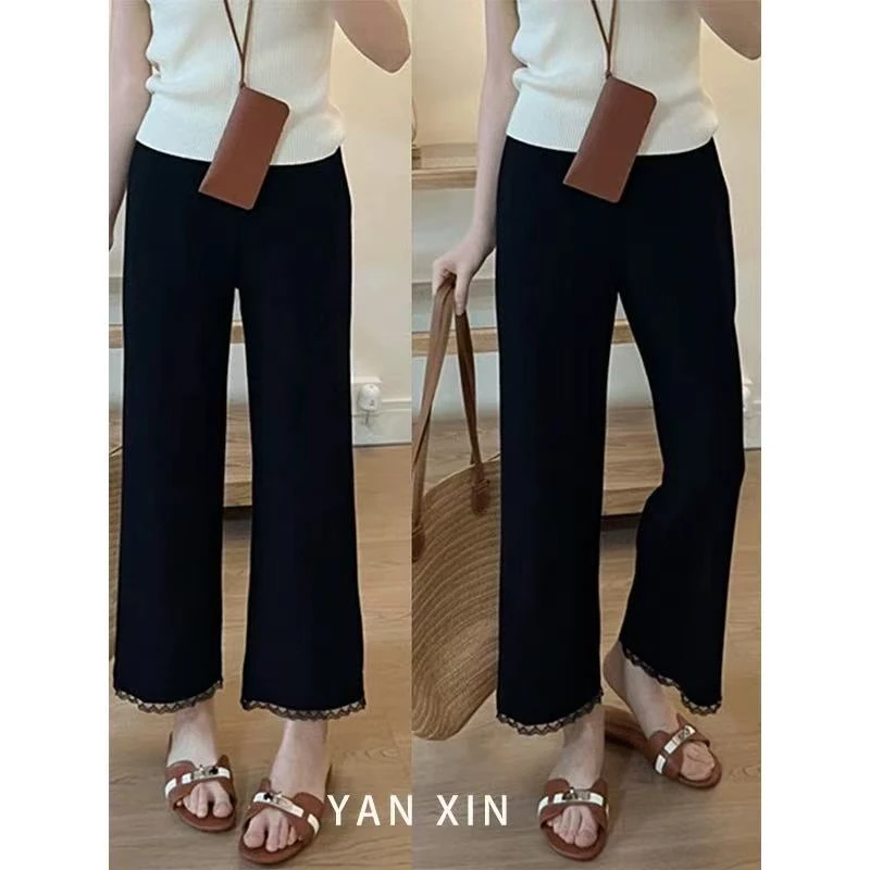 2025新款黑色蕾丝边休闲裤女夏季大码胖mm高腰显瘦弹力微喇裤