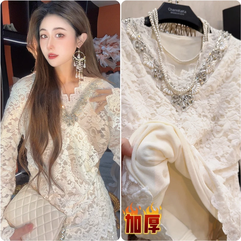 【书信冬雪】63449植绒钩花V领加绒蕾丝衫大码胖MM