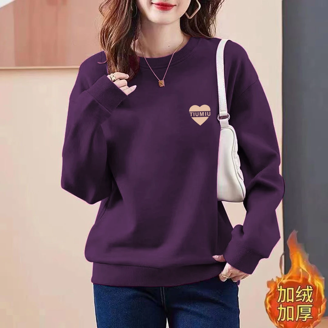 华棉圆领卫衣女加绒/不加绒简约印花2025春秋冬新款大码百搭外套