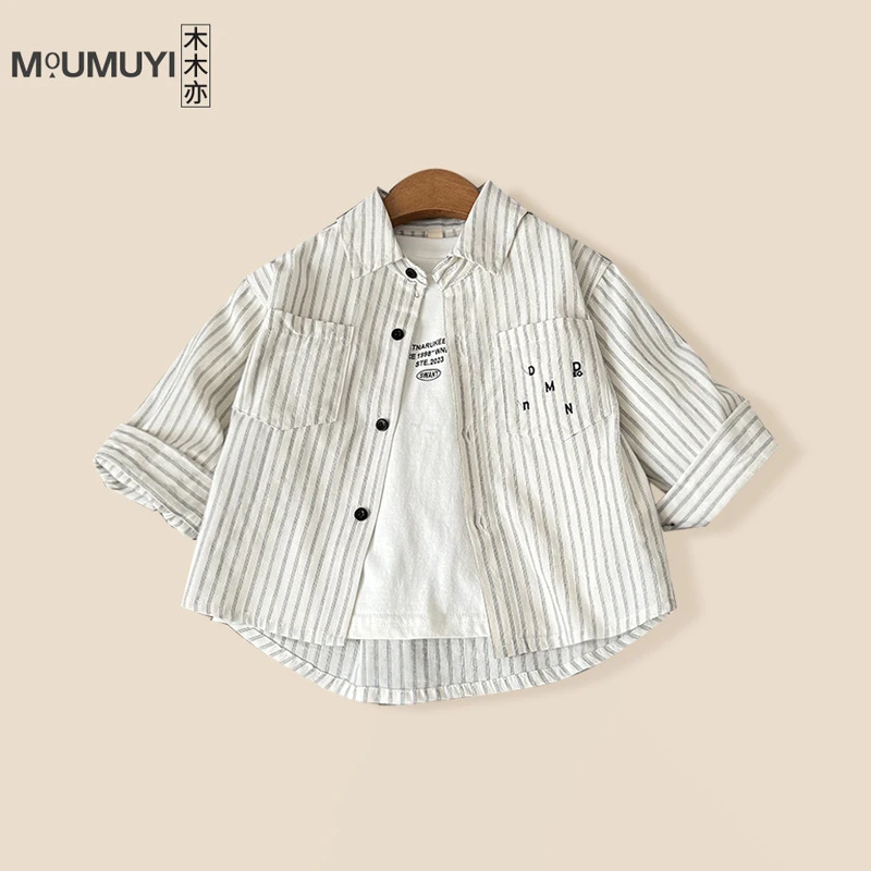 男童竖条纹衬衣2025秋季新款字母翻领衬衫儿童宝宝童装休闲开衫潮